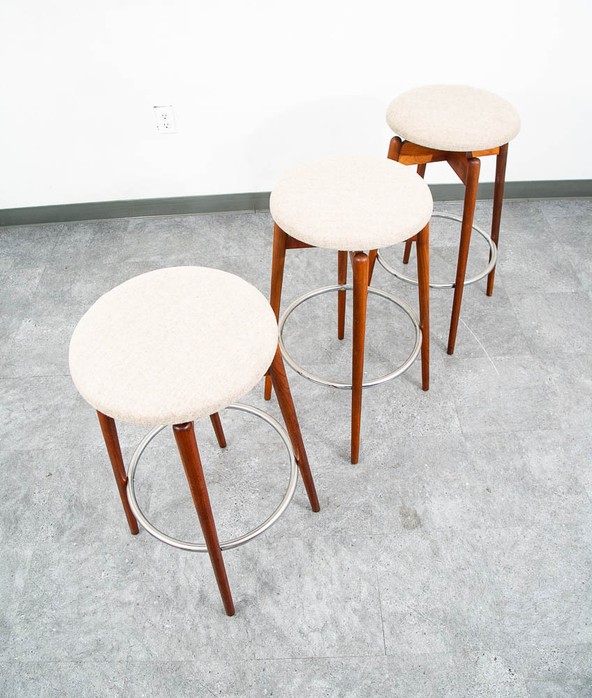Mid Century Modern Bar Stools Set 3 Albert Parvin Off White Solid Walnut Danish - Image 4