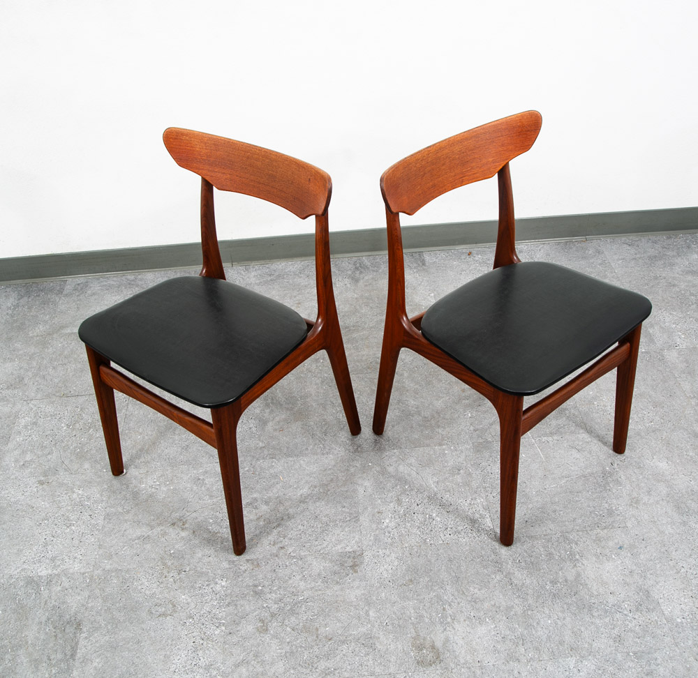 Mid Century Danish Modern Dining Chairs Black Leather Set 2 Pair Teak Elgaard NM - Image 2