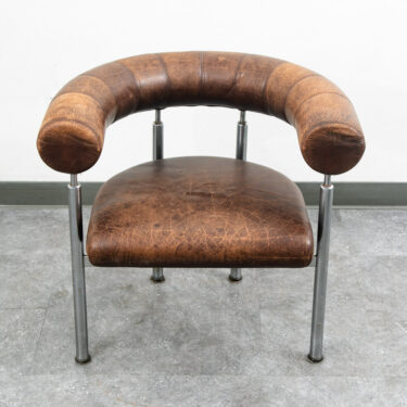 Mid Century Danish Modern Lounge Chair Brown leather Round Back Steel Cobra Seat