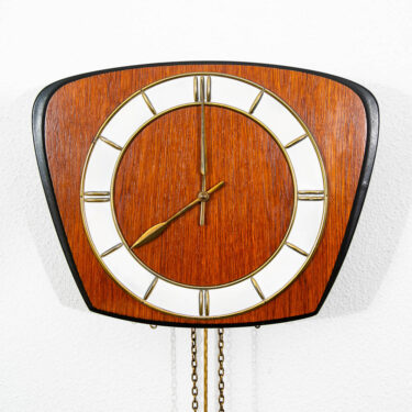 Mid Century Modern Wall Clock Teak Pendulum Weights 10 Jewel Denmark Chime