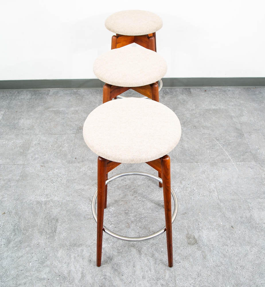 Mid Century Modern Bar Stools Set 3 Albert Parvin Off White Solid Walnut Danish - Image 2