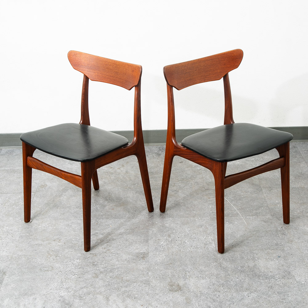 Mid Century Danish Modern Dining Chairs Black Leather Set 2 Pair Teak Elgaard NM