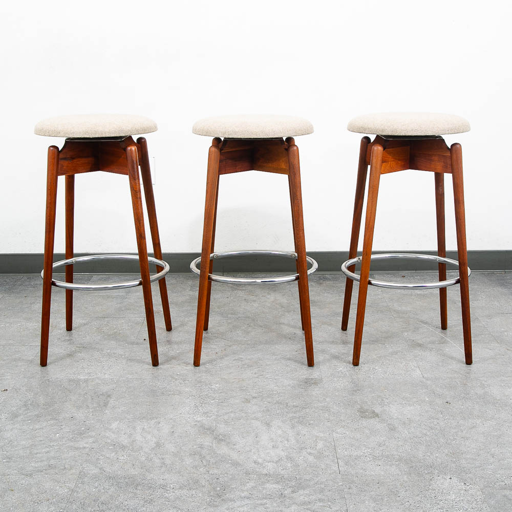Mid Century Modern Bar Stools Set 3 Albert Parvin Off White Solid Walnut Danish - Image 6