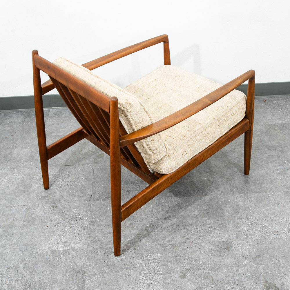 Mid Century Danish Modern Lounge Chair Walnut Wool Fabric Armchair Vintage White - Image 4