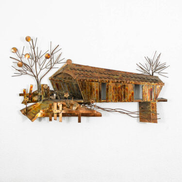 Mid Century Modern Covered Bridge Brutalist Metal Wall Sculpture Enesco MCM