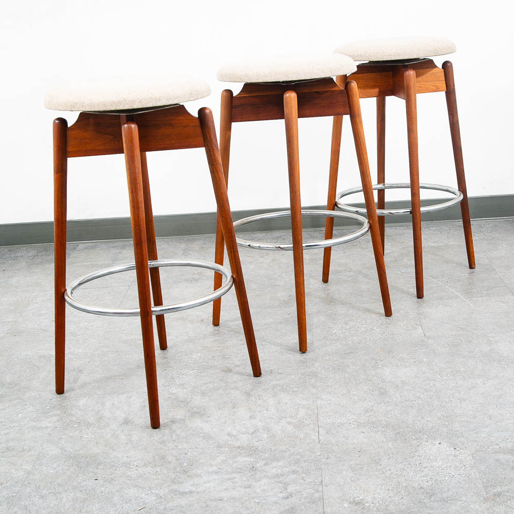 Mid Century Modern Bar Stools Set 3 Albert Parvin Off White Solid Walnut Danish - Image 5