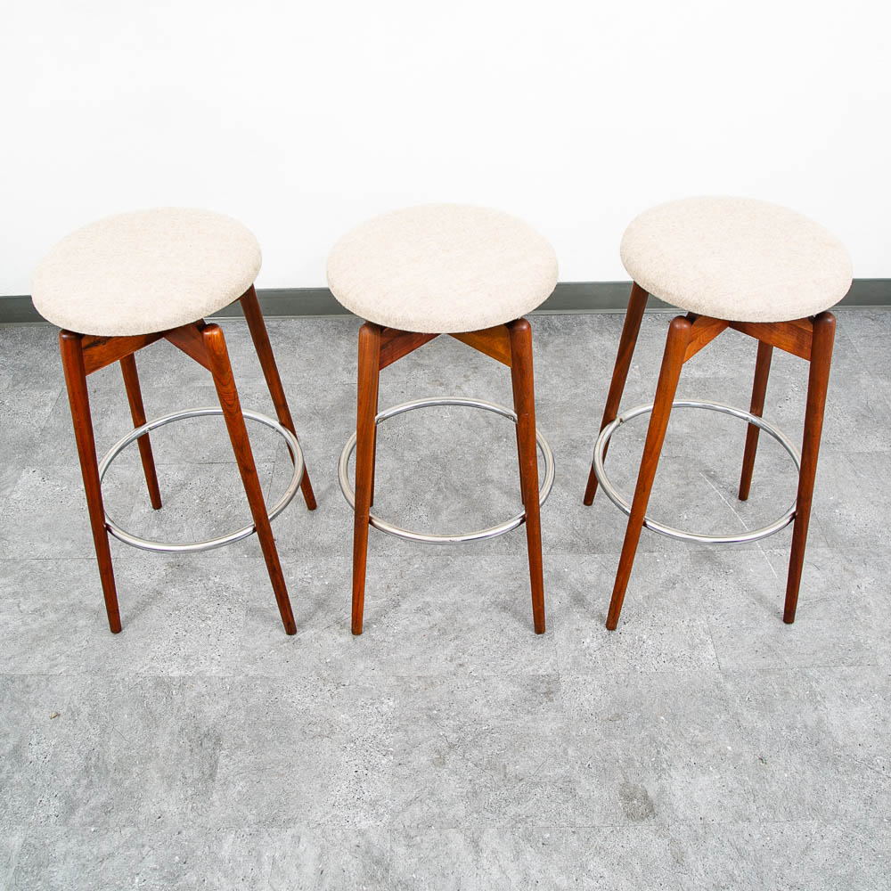 Mid Century Modern Bar Stools Set 3 Albert Parvin Off White Solid Walnut Danish - Image 3