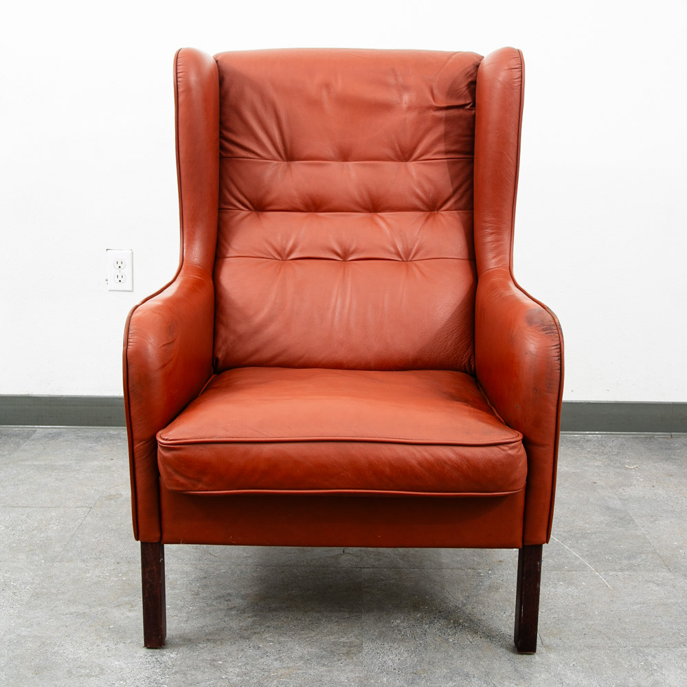 Mid Century Danish Modern Lounge Chair Wingback Red Leather High Back Tufted Mcm - Image 2