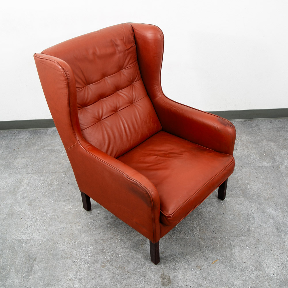 Mid Century Danish Modern Lounge Chair Wingback Red Leather High Back Tufted Mcm - Image 6