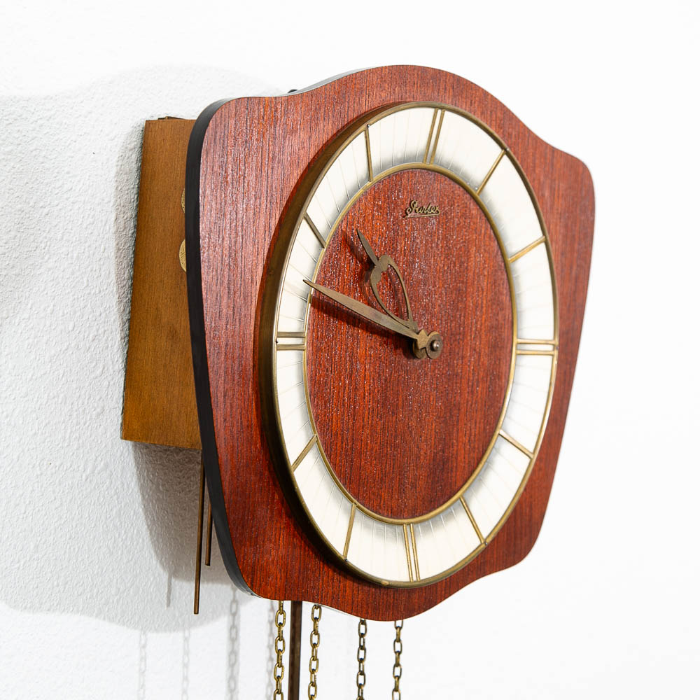 Mid Century Modern Wall Clock Teak Pendulum Weights 10 Jewel Denmark Chime - Image 3