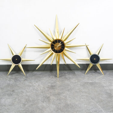 Mid Century Modern Clock Welby Gold Metal Star Oak Vintage Starburst 3 Piece Mcm