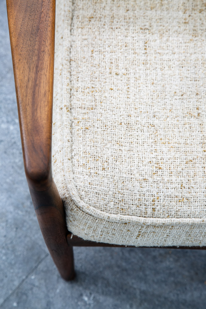 Mid Century Danish Modern Lounge Chair Walnut Wool Fabric Armchair Vintage White - Image 11
