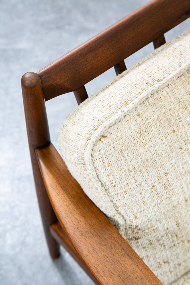 Mid Century Danish Modern Lounge Chair Walnut Wool Fabric Armchair Vintage White - Image 12