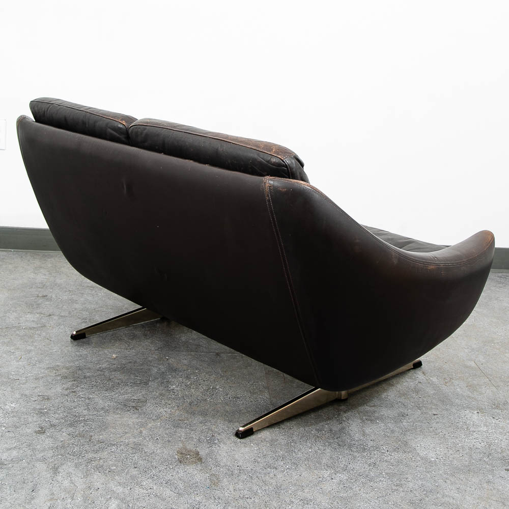 Mid Century Danish Modern Sofa Couch Brown Leather 2 Seat Settee Metal Denmark - Image 8