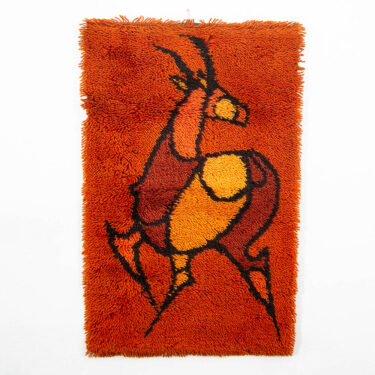 Mid Century Modern Tapestry Wall Hanging Red Wool Deer Elk Orange Red Tufted Rug
