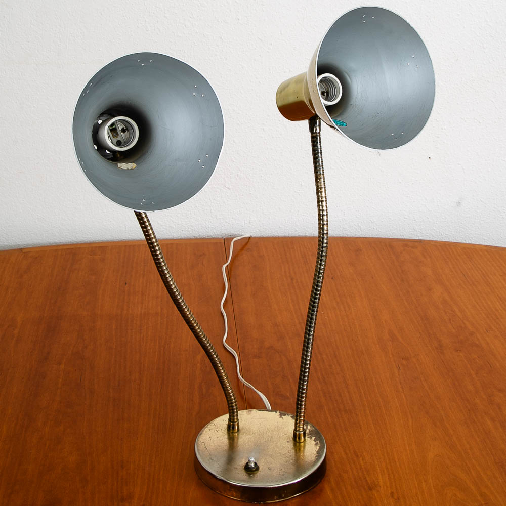 Mid Century Modern Table Lamp Brass 2 Headed Light Goose Neck Desk Brass Patinas Mcm