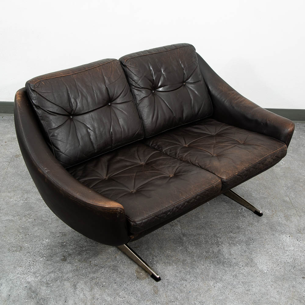 Mid Century Danish Modern Sofa Couch Brown Leather 2 Seat Settee Metal Denmark - Image 2