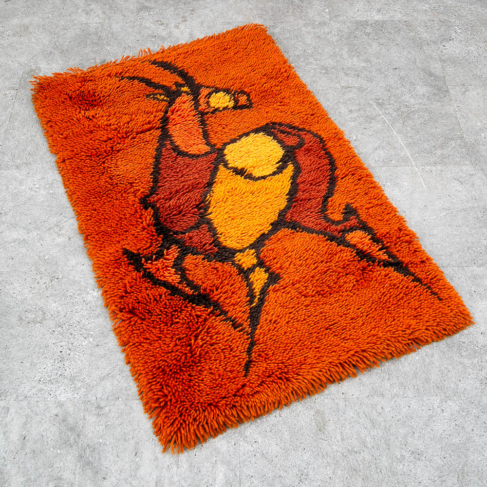Mid Century Modern Tapestry Wall Hanging Red Wool Deer Elk Orange Red Tufted Rug - Image 5
