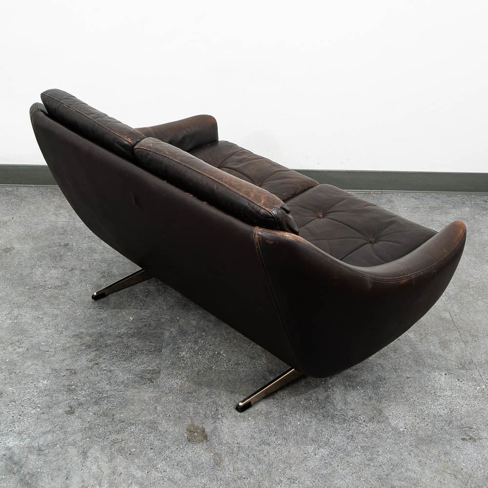 Mid Century Danish Modern Sofa Couch Brown Leather 2 Seat Settee Metal Denmark - Image 7