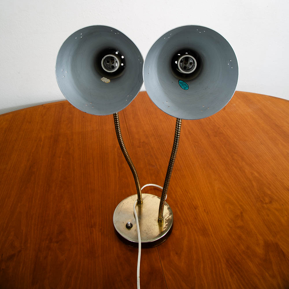 Mid Century Modern Table Lamp Brass 2 Headed Light Goose Neck Desk Brass Patinas Mcm - Image 6