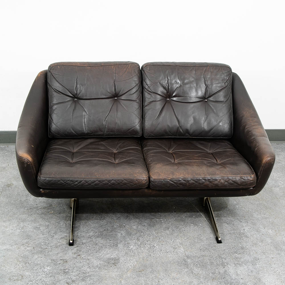 Mid Century Danish Modern Sofa Couch Brown Leather 2 Seat Settee Metal Denmark - Image 5
