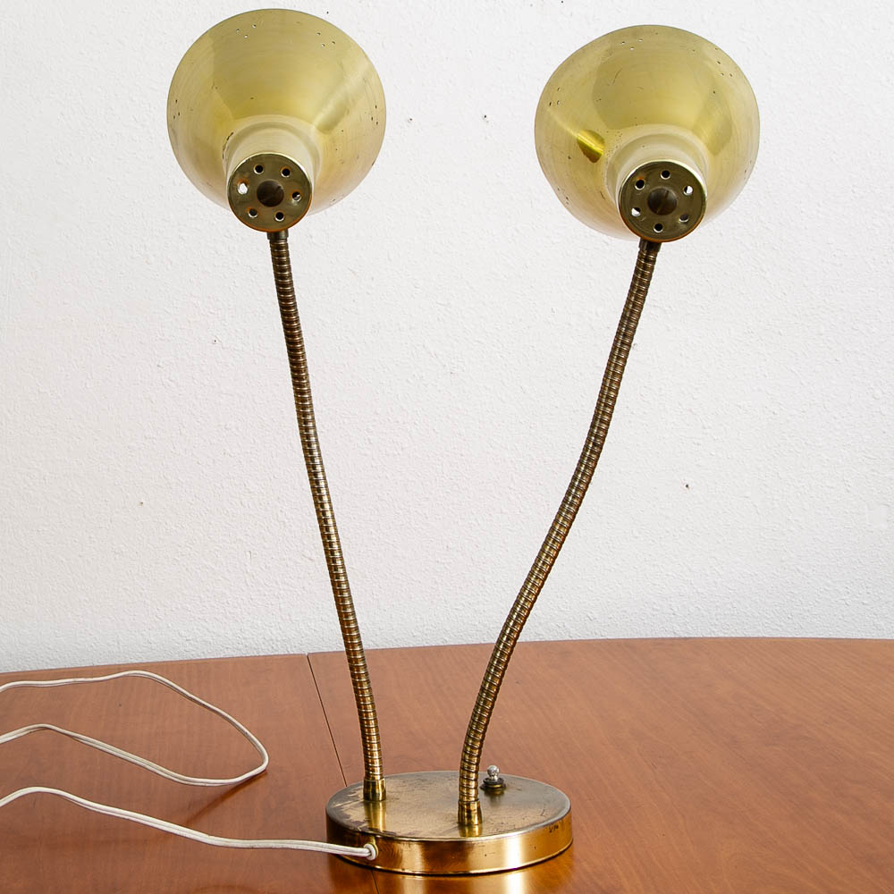 Mid Century Modern Table Lamp Brass 2 Headed Light Goose Neck Desk Brass Patinas Mcm - Image 2
