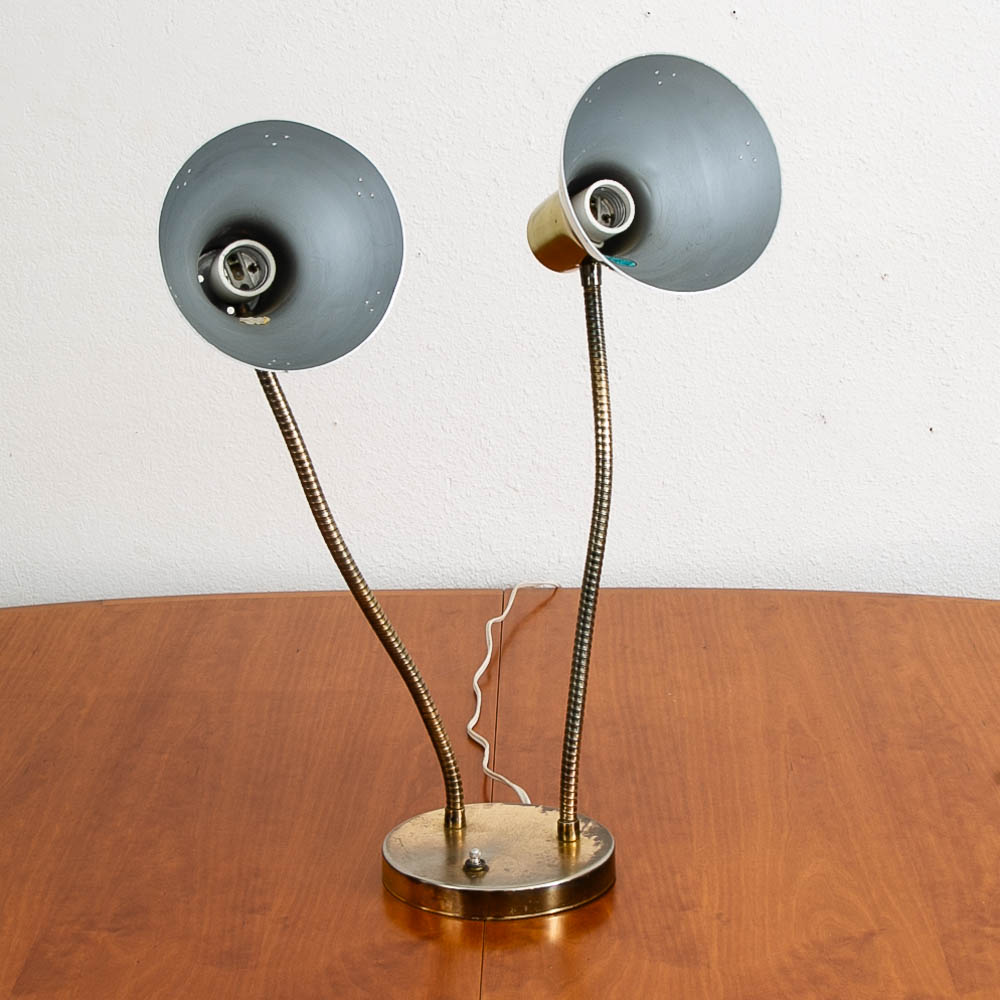 Mid Century Modern Table Lamp Brass 2 Headed Light Goose Neck Desk Brass Patinas Mcm - Image 5