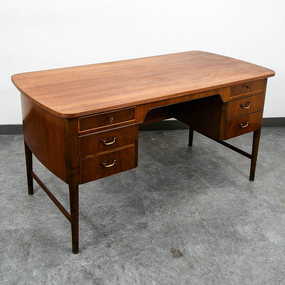 Mid Century Danish Modern Desk Executive Walnut 6 Drawer Locking Cabinet Wood - Image 6