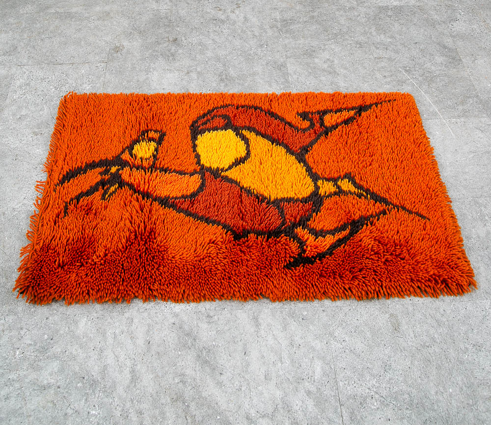 Mid Century Modern Tapestry Wall Hanging Red Wool Deer Elk Orange Red Tufted Rug - Image 7