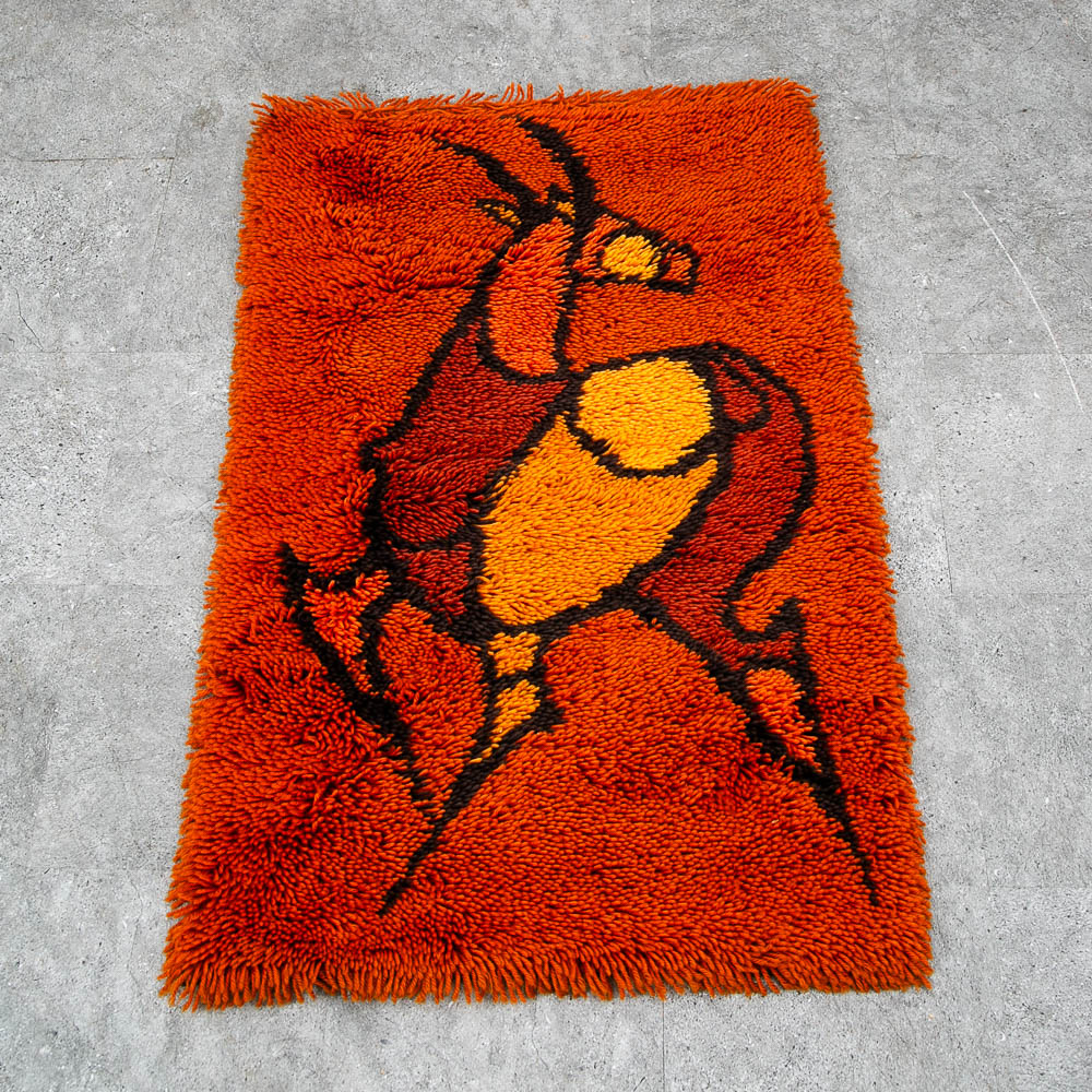 Mid Century Modern Tapestry Wall Hanging Red Wool Deer Elk Orange Red Tufted Rug - Image 4