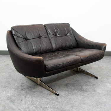 Mid Century Danish Modern Sofa Couch Brown Leather 2 Seat Settee Metal Denmark