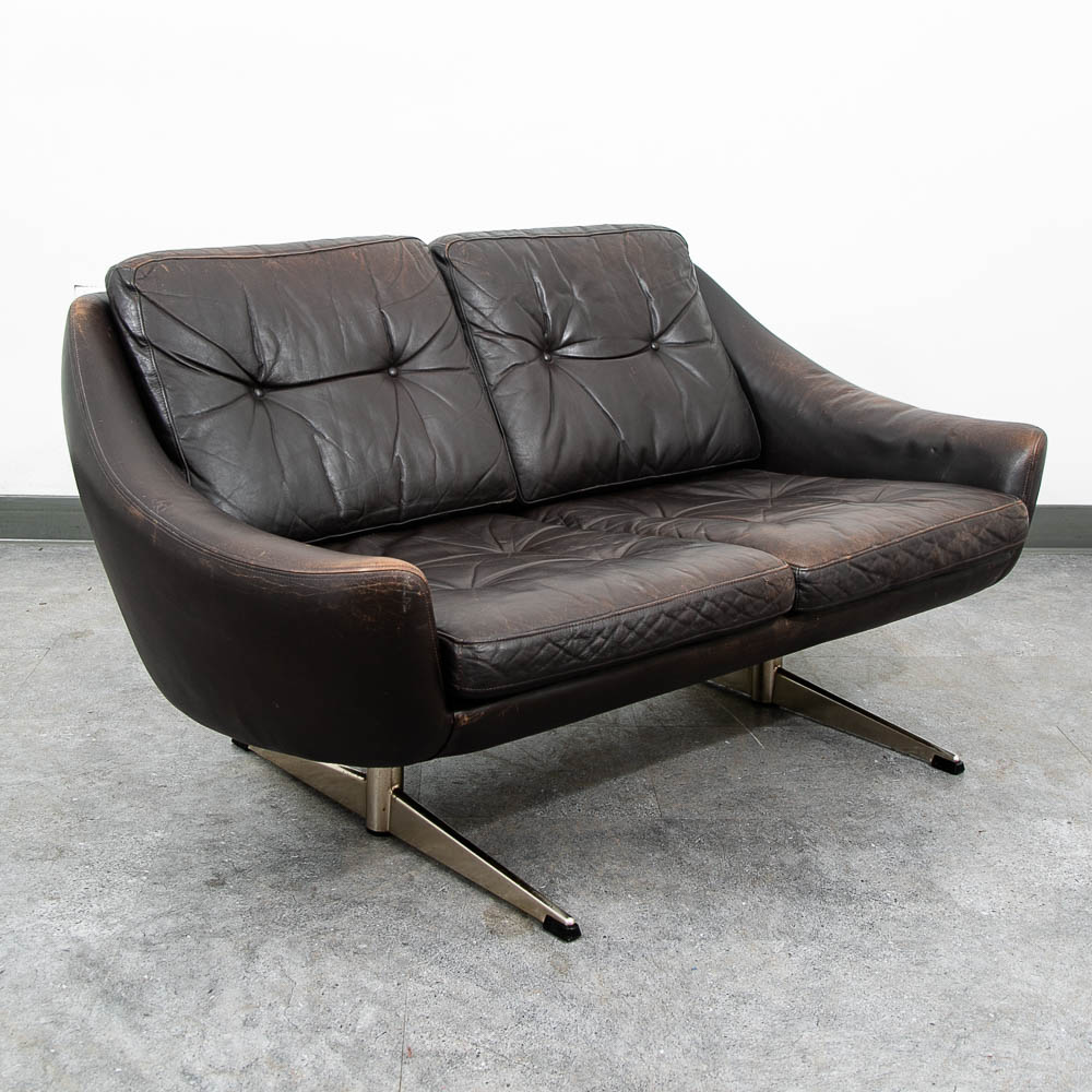 Mid Century Danish Modern Sofa Couch Brown Leather 2 Seat Settee Metal Denmark