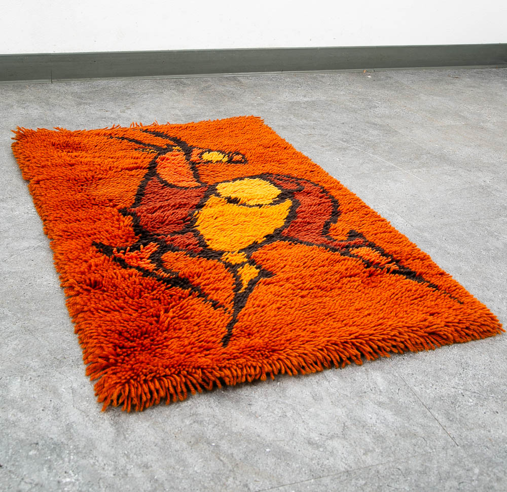 Mid Century Modern Tapestry Wall Hanging Red Wool Deer Elk Orange Red Tufted Rug - Image 6