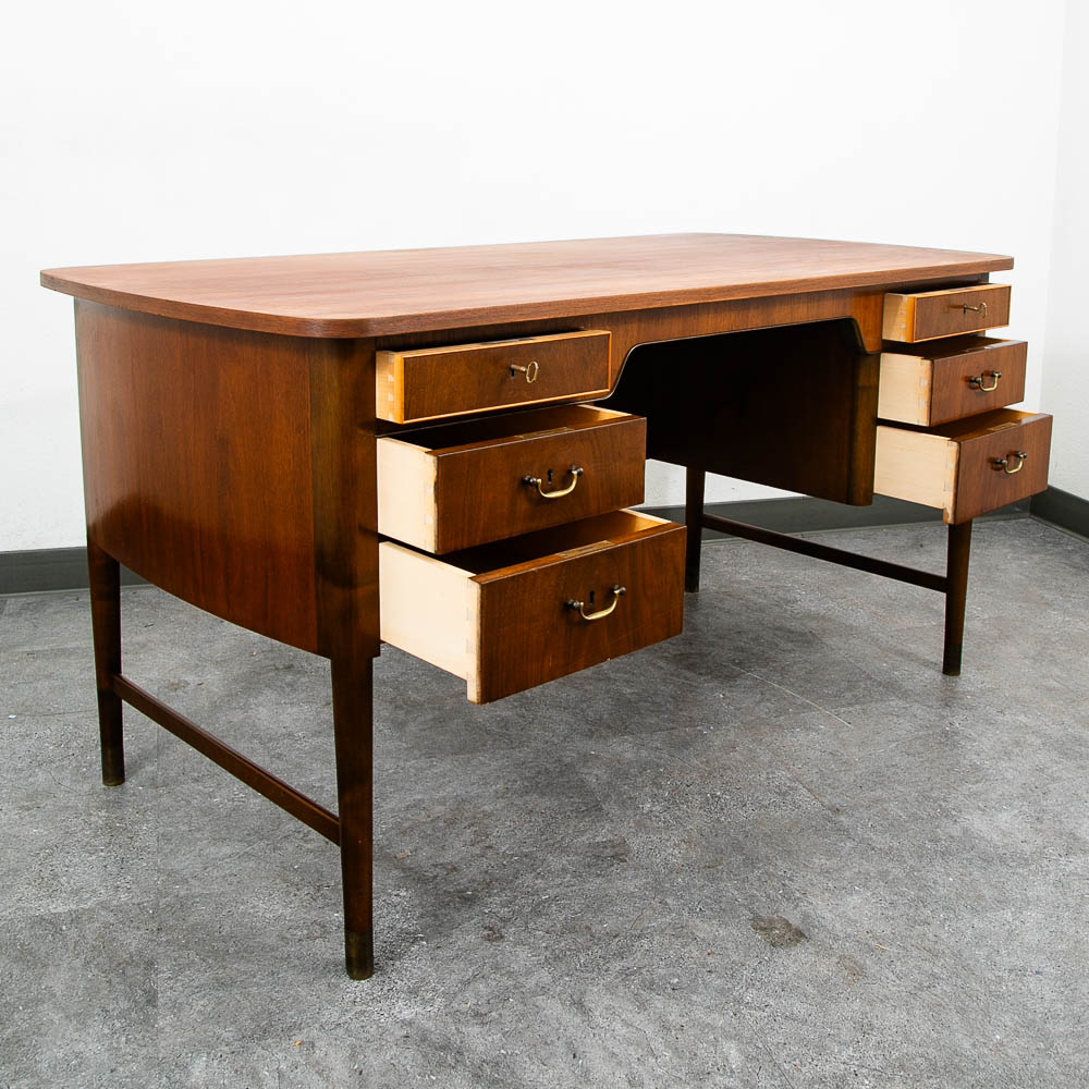 Mid Century Danish Modern Desk Executive Walnut 6 Drawer Locking Cabinet Wood - Image 7