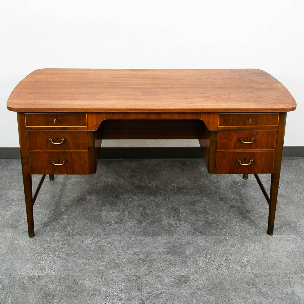 Mid Century Danish Modern Desk Executive Walnut 6 Drawer Locking Cabinet Wood - Image 8
