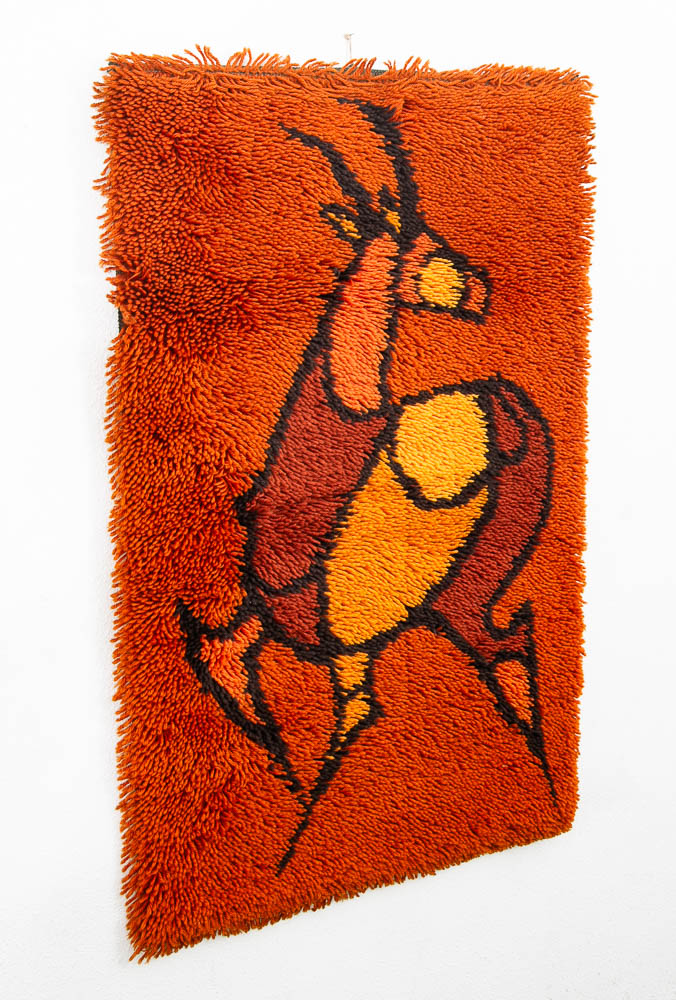 Mid Century Modern Tapestry Wall Hanging Red Wool Deer Elk Orange Red Tufted Rug - Image 2