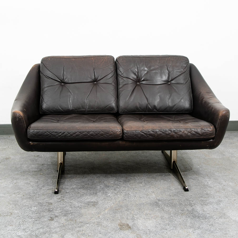 Mid Century Danish Modern Sofa Couch Brown Leather 2 Seat Settee Metal Denmark - Image 3