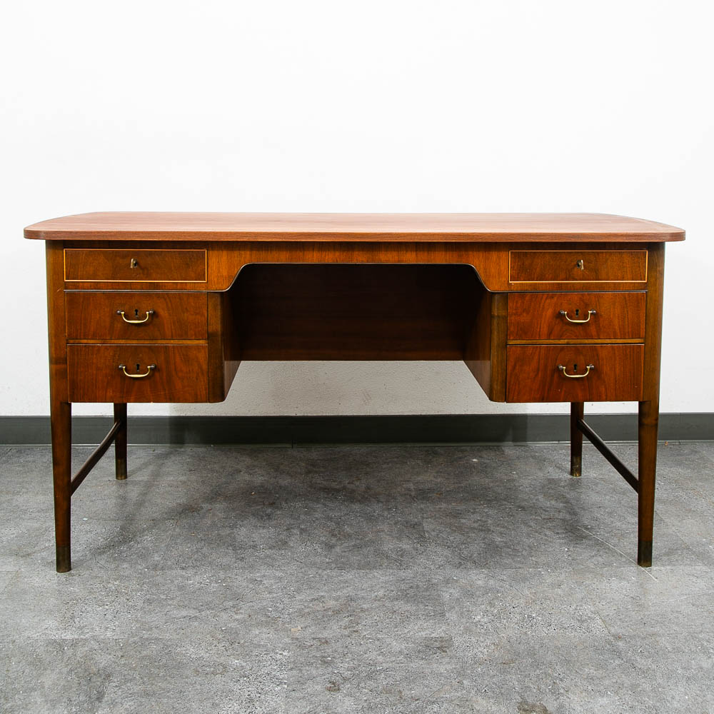 Mid Century Danish Modern Desk Executive Walnut 6 Drawer Locking Cabinet Wood - Image 2