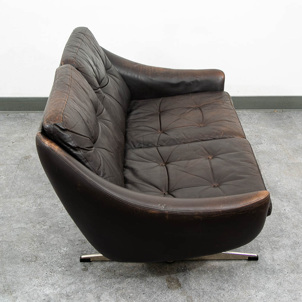Mid Century Danish Modern Sofa Couch Brown Leather 2 Seat Settee Metal Denmark - Image 6