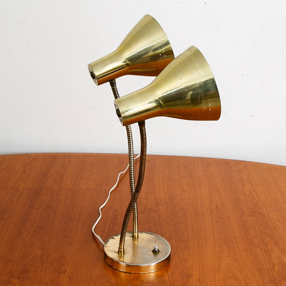 Mid Century Modern Table Lamp Brass 2 Headed Light Goose Neck Desk Brass Patinas Mcm - Image 3
