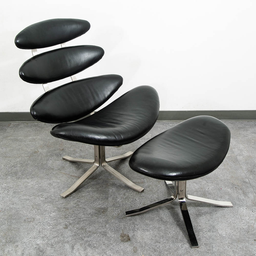 Mid Century Danish Modern Lounge Chairs Corona Set of 2 Black Chrome Ottoman MCM - Image 9