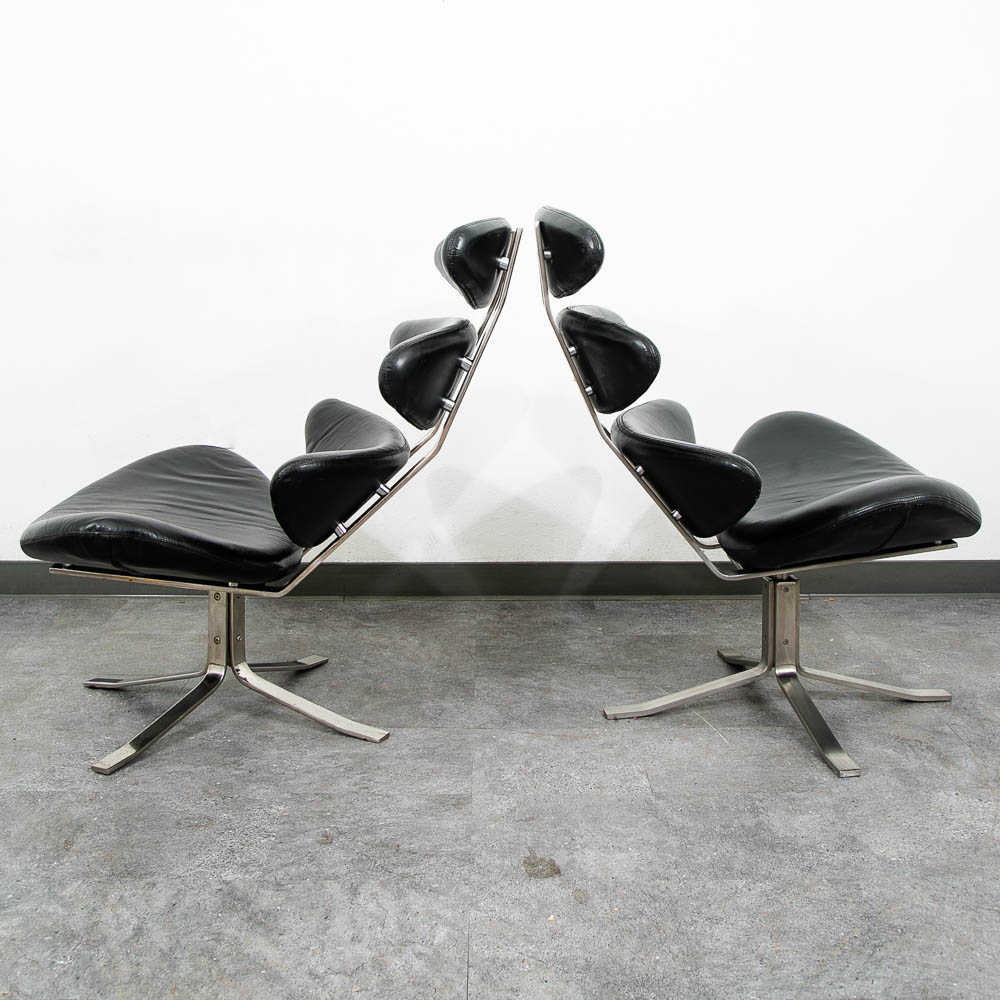 Mid Century Danish Modern Lounge Chairs Corona Set of 2 Black Chrome Ottoman MCM - Image 3