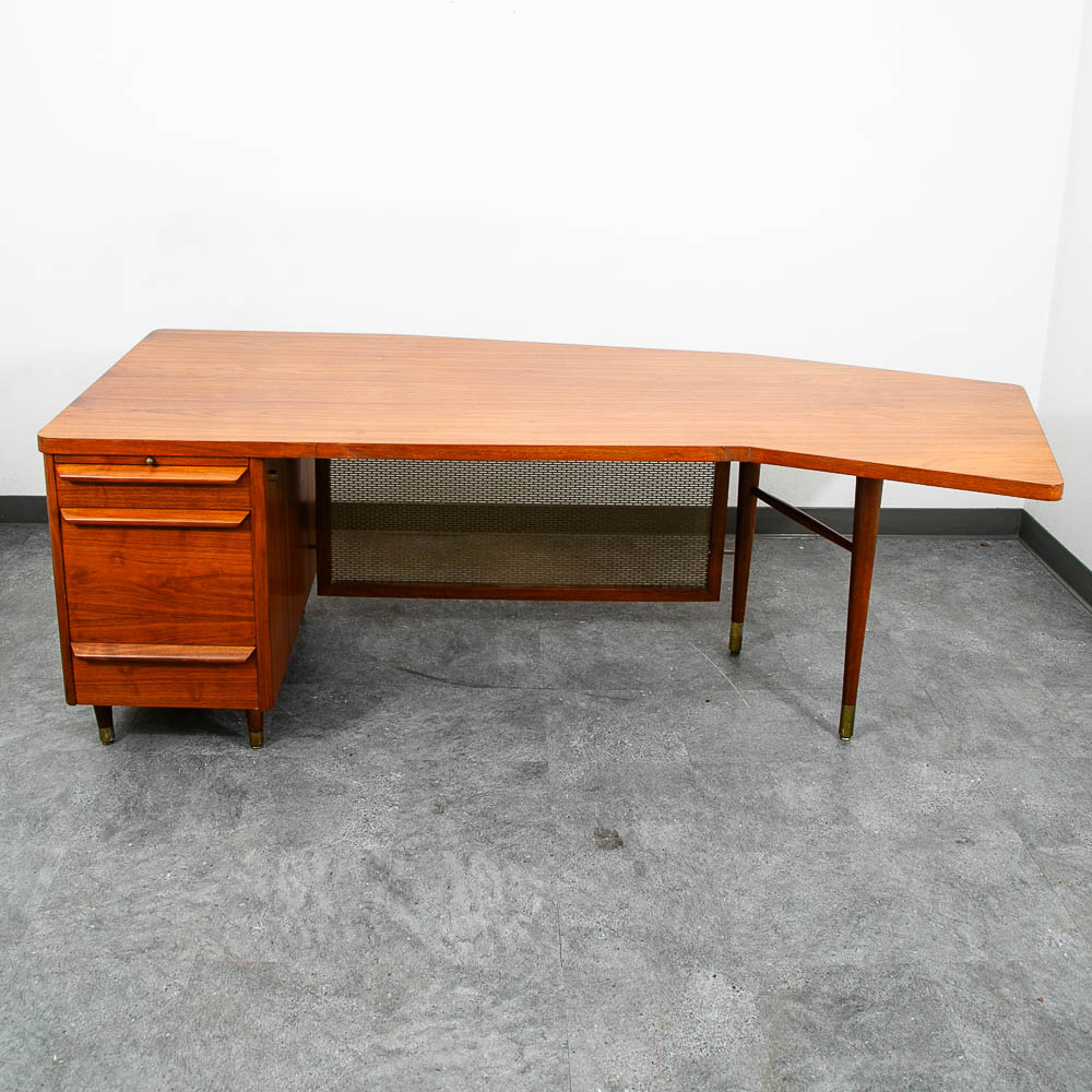 Mid Century Modern Desk Executive Office Stow Davis Boomerang Large Walnut Mcm - Image 12