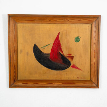 Mid Century Modern Oil Painting Abstract Expressionism Gold Red Black Signed