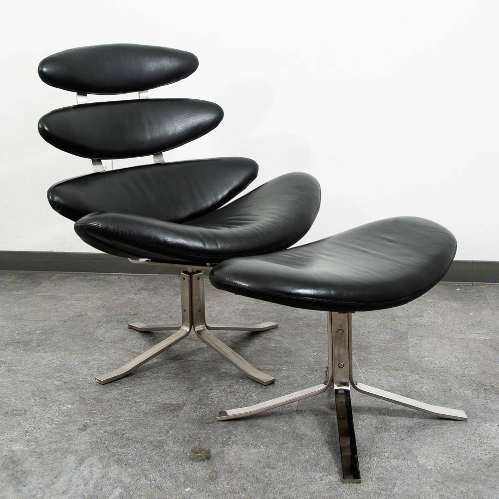 Mid Century Danish Modern Lounge Chairs Corona Set of 2 Black Chrome Ottoman MCM - Image 6