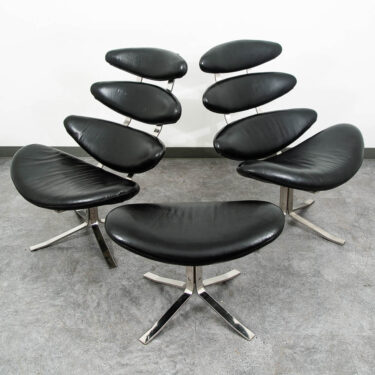 Mid Century Danish Modern Lounge Chairs Corona Set of 2 Black Chrome Ottoman MCM
