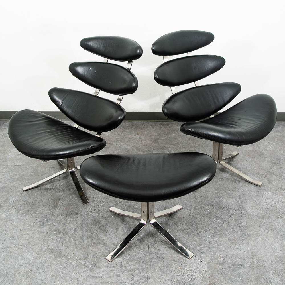 Mid Century Danish Modern Lounge Chairs Corona Set of 2 Black Chrome Ottoman MCM