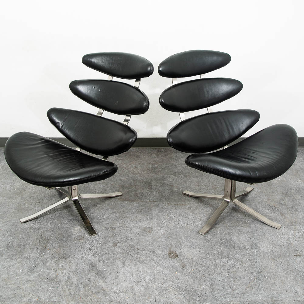 Mid Century Danish Modern Lounge Chairs Corona Set of 2 Black Chrome Ottoman MCM - Image 2
