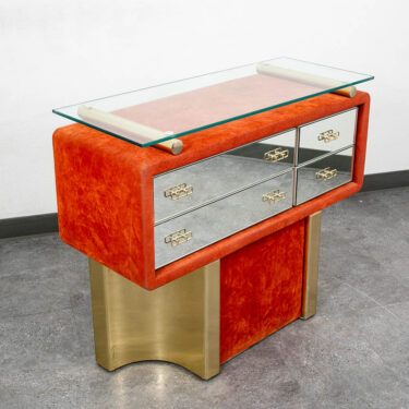 Mid Century Modern Chest Entryway Cabinet Mirrored Glass Orange Velvet Italy