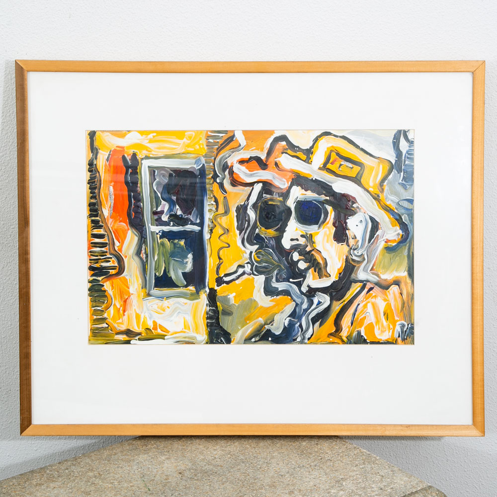Mid Century Modern Painting Art Abstract Portrait Signed Smoking Cowboy Vintage